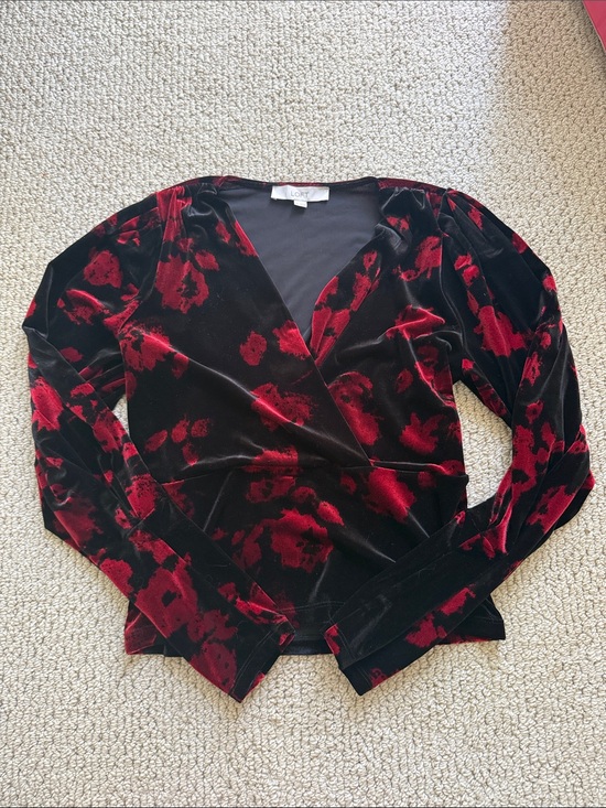 LOFT Tops - LOFT Black Velvet Wrap Top with Red Floral Burnout